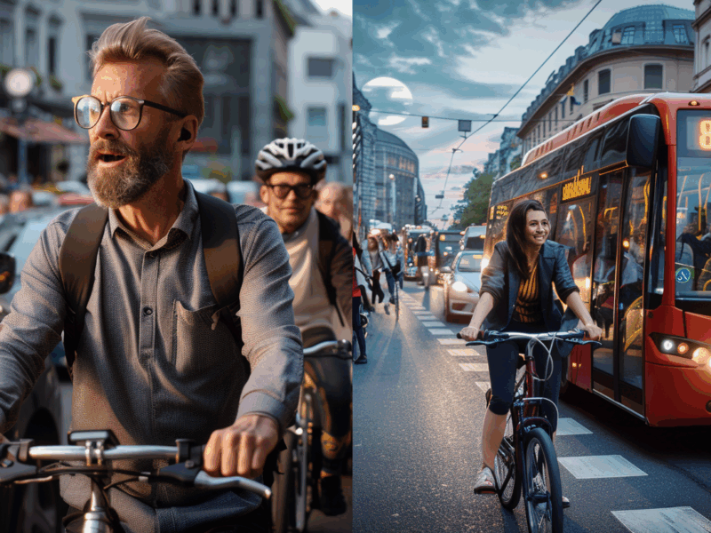 Collaborateurs en entreprise utilisant vélos et transports en commun avec application de challenge mobilité sur smartphone