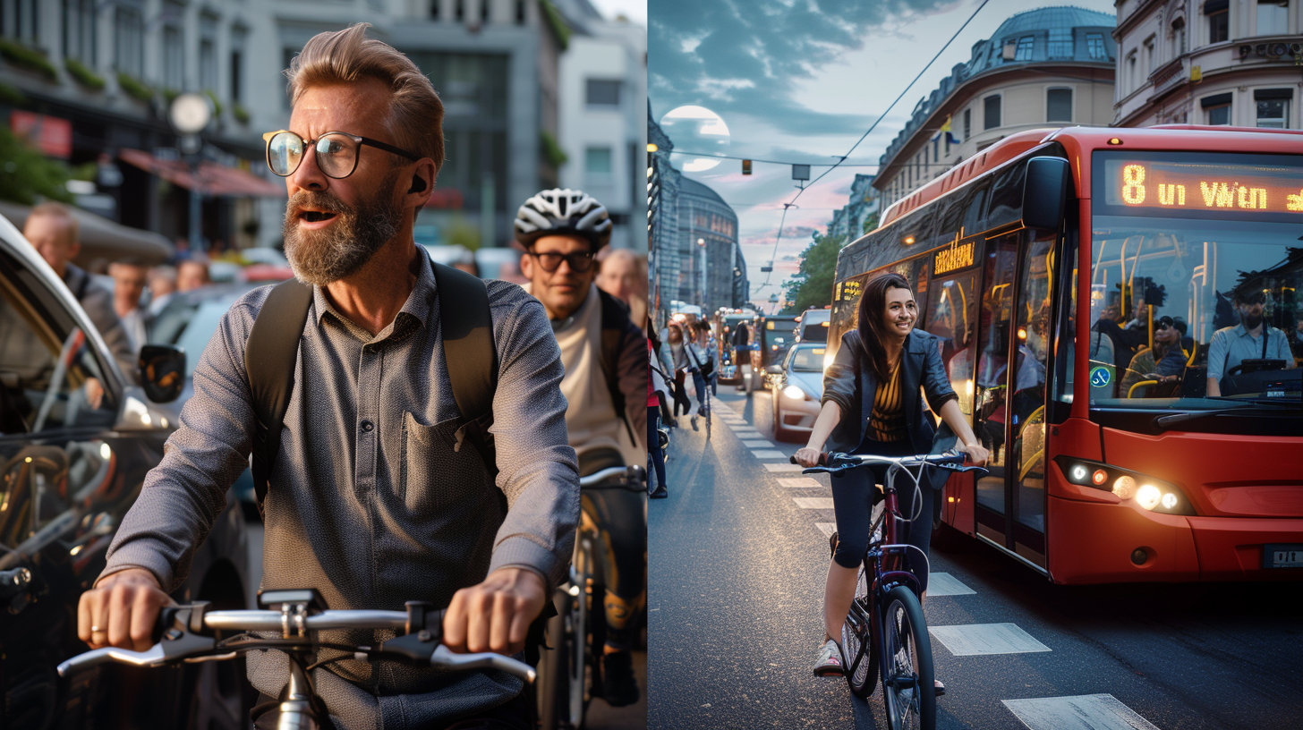 Collaborateurs en entreprise utilisant vélos et transports en commun avec application de challenge mobilité sur smartphone