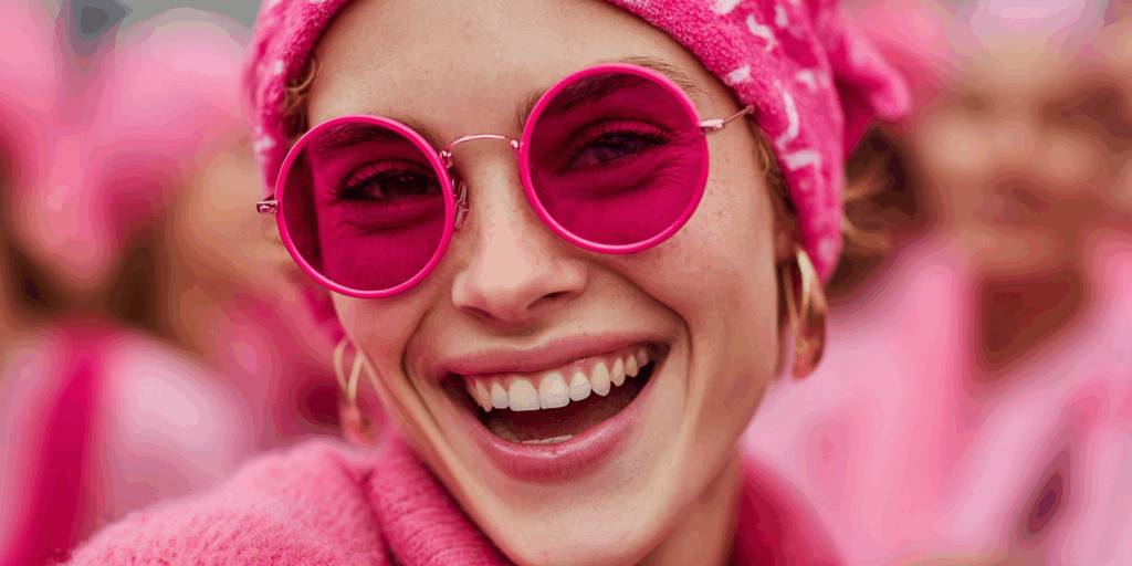 Collègues en rose participant à un challenge octobre rose avec smartphone et dons pour associations