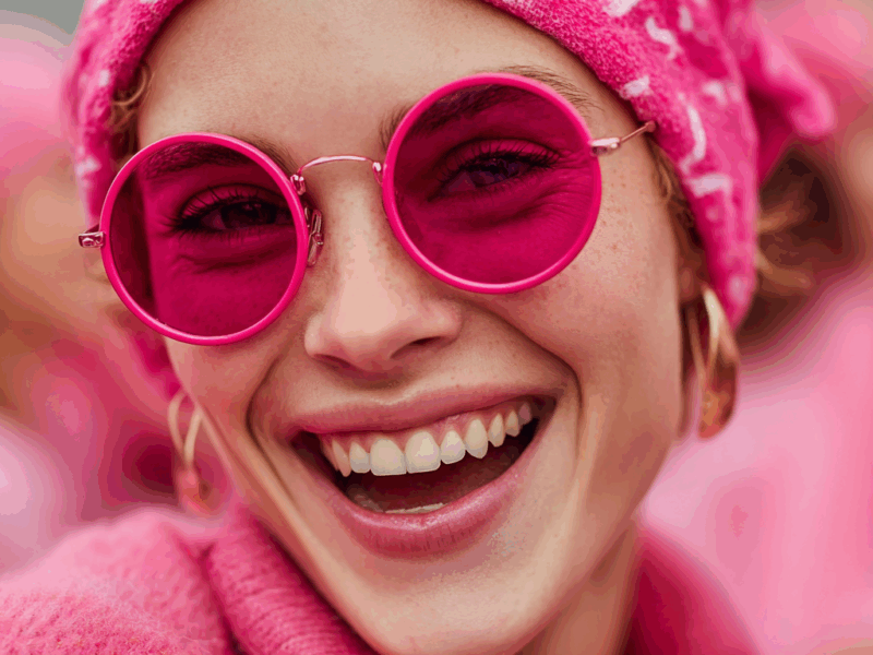 Collègues en rose participant à un challenge octobre rose avec smartphone et dons pour associations