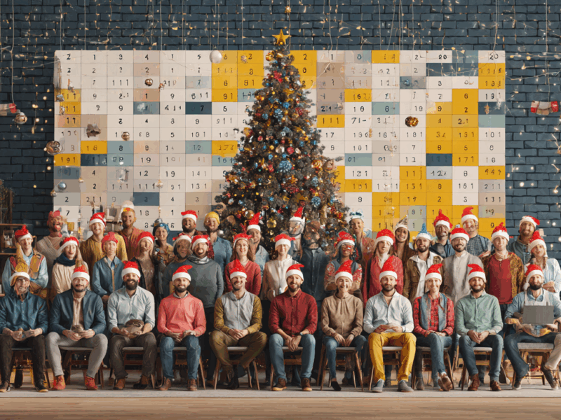 Équipe d'entreprise autour d'un calendrier de l'avent géant digital avec application Gandee, décorations de Noël et ambiance festive solidaire