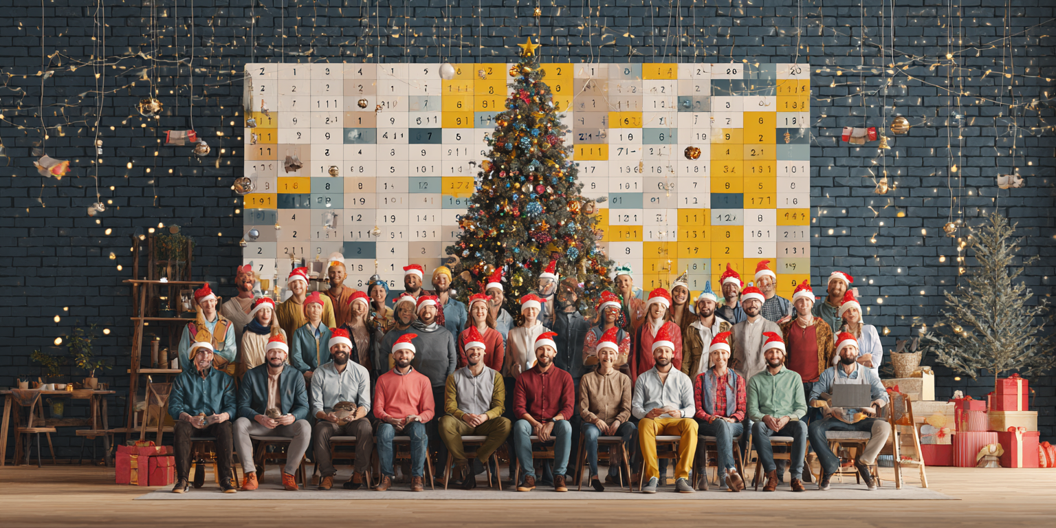 Équipe d'entreprise autour d'un calendrier de l'avent géant digital avec application Gandee, décorations de Noël et ambiance festive solidaire