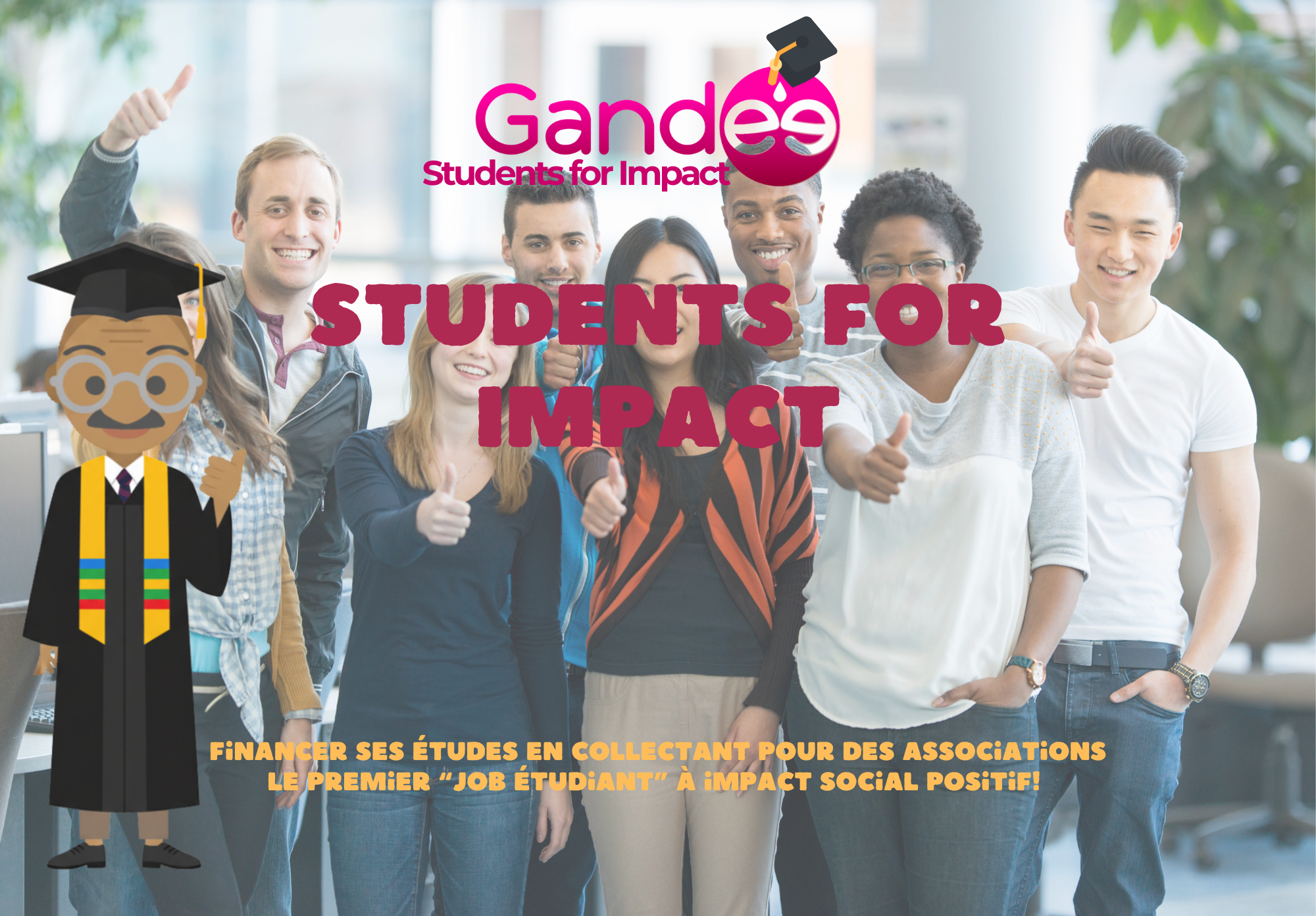 Étudiants souriants tenant un smartphone avec l’application Students for Impact by Gandee, job étudiant à impact social positif