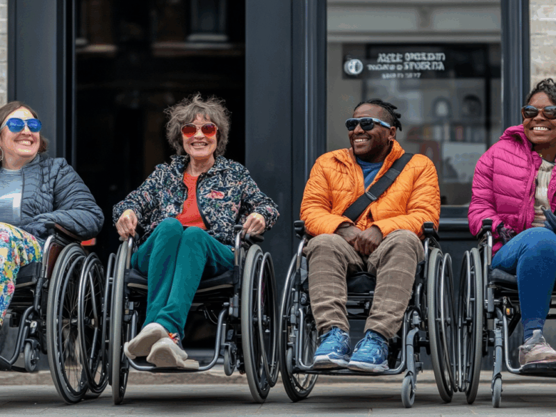 Collaborateurs valides et en situation de handicap participant ensemble à un challenge sportif inclusif en entreprise
