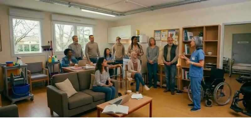 Auxiliaire de vie accompagnant une personne âgée à domicile - métier aide à domicile impact social