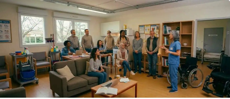 Auxiliaire de vie accompagnant une personne âgée à domicile - métier aide à domicile impact social