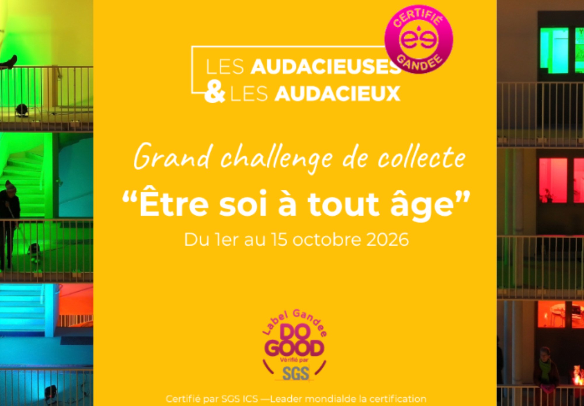 Visuel du challenge de collecte solidaire « Être soi à tout âge » des Audacieuses & Audacieux pour les seniors LGBTI+